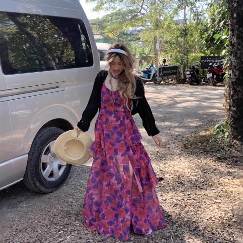 Damen Blumen Taille, Rüschenkante Schlitz Slim-fit Neckholder Kleid Sommer Schlankheitskleid