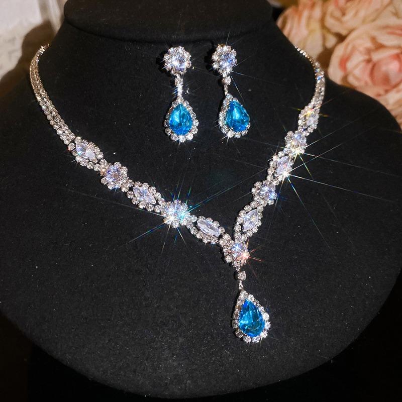 Wealthy Daughter~ Silver Needle Diamond-encrusted Zircon Water Drop Necklace Stud Earrings Set Light Luxury Celebrity Style High-end Jewelry Women