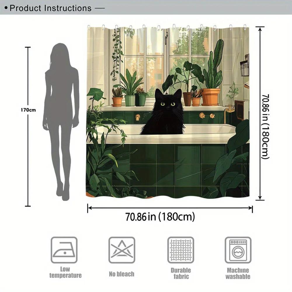 Window Observer Shower Curtain - Black Cat Overlooking Rainwall Hanging Living Room, Bedroom Decoration - Warm Home Decoration
