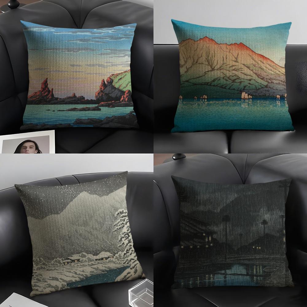 Landscape Kawase Hasui Pillow Case Natural Linen Organic Fabric Double-Sided Printing Sofa Home Decor Cushion Cover