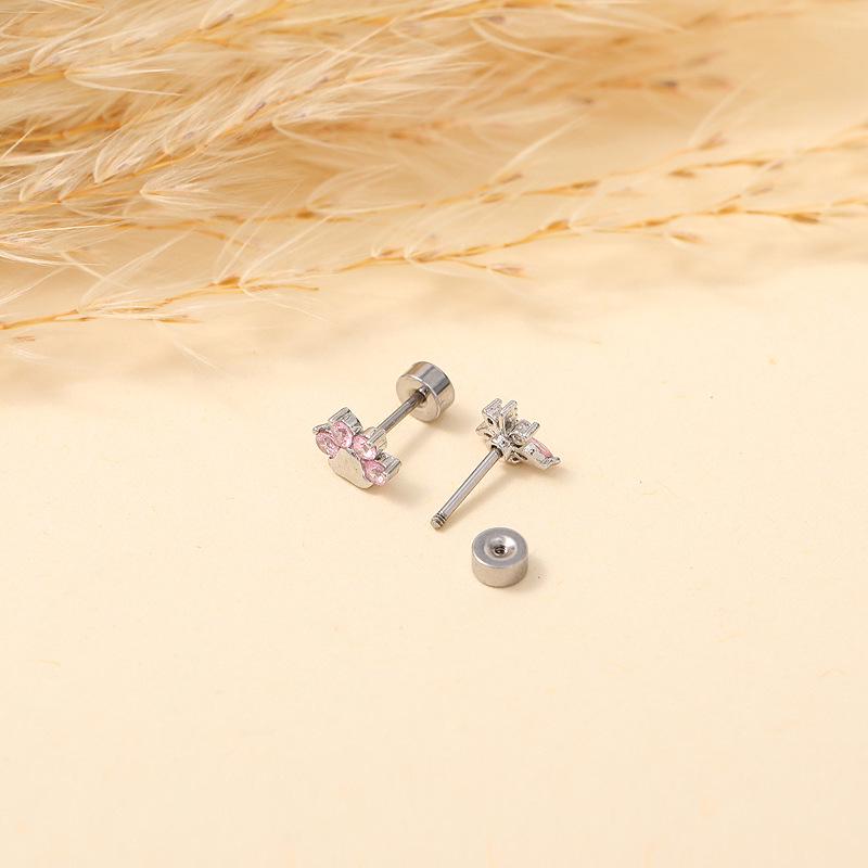 Sweet Pink Zircon Titanium Ear Stud Set: Butterfly, Heart & Cat Paw Designs