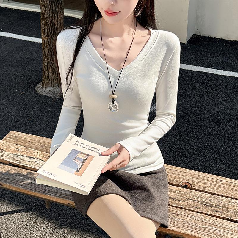 T-shirt Noir à Manches Longues et Col en V pour Femme avec Velours Intérieur, Collection Automne/Hiver 2025, Haut de Sous-vêtement Polyvalent