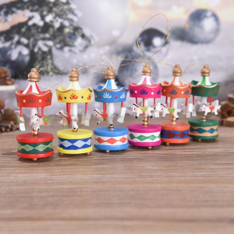 6PCS Christmas Wooden Carousel Horse Miniature Ornaments Christmas Tree Hanging Pendants New Year Gift Toy Kid Home Party Decor