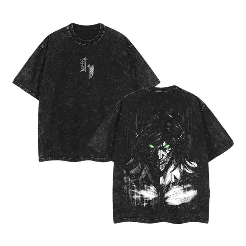 Unisex Anime Attack on Titan Vintage Washed Graphic Print T-shirt Men Women Casual Oversized Streetwear Hip Hop Fashion Summer New Tee