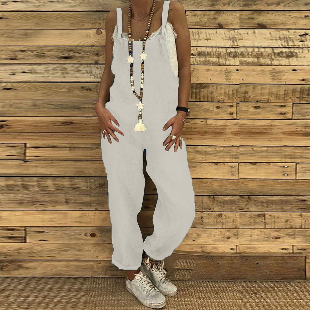 Women Jumpsuit Loose Large Size Casual Linen Cotton Suspenders Trousers
