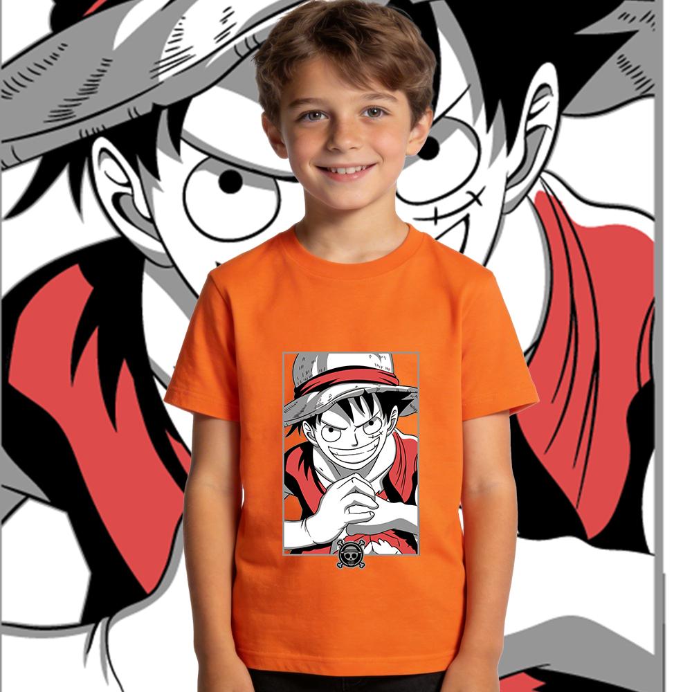 One Piece Luffy Anime Print Cotton T Shirt for Boys and Girls Kids Summer Casual Short Sleeve Soft Breathable Top