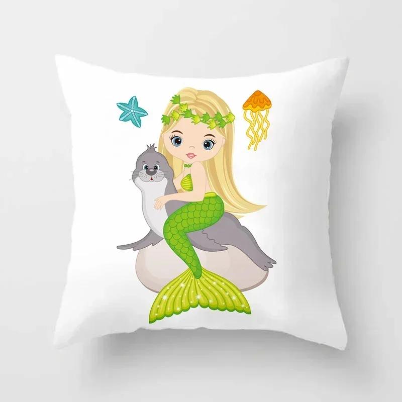 Cartoon Mermaid Decorative Cushions Pillowcase Polyester Cushion Cover Throw Pillow 45*45 Sofa Decoration Pillowcover