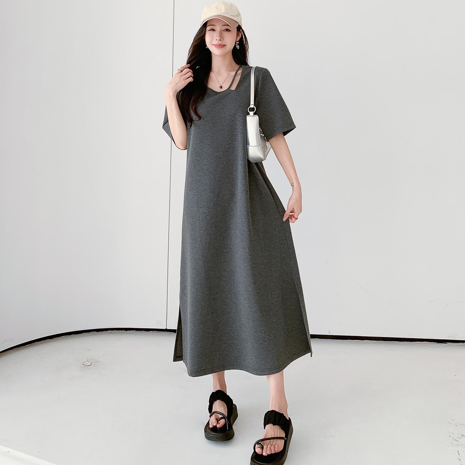 

DIMANAF 2024 Жіноча літня нова літня сукня-футболка з коротким рукавом Повсякденна базова бавовняна вінтажна вільна довга сукня 4XL сірий