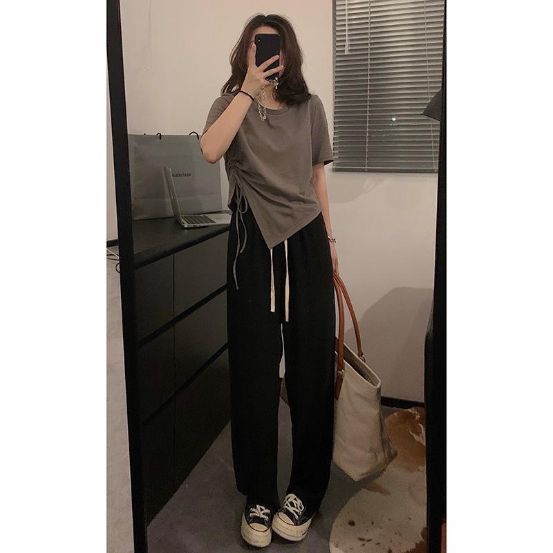 

Короткая футболка для женщин на лето с короткими рукавами, новый дизайн на шнурке, нишевый нерегулярный топ для студентов с высокой талией 2XL серый