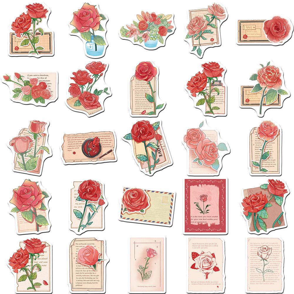 10/30/50pcs Cute Cartoon Red Rose Letter Stickers Vintage Aesthetic Graffiti Decals DIY Luggage Helmet Phone Sticker Decoration