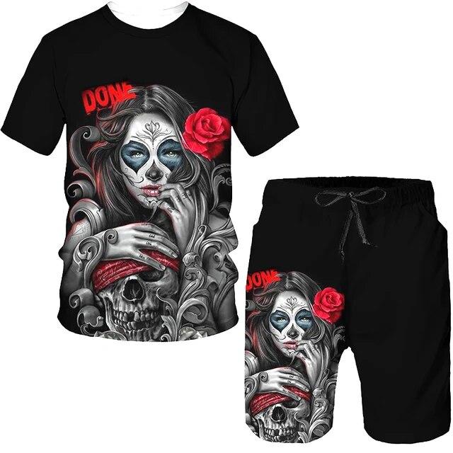 Summer 2 Piece Outfits Sets Tshirt and Shorts Tracksuit Men's Oversized Cloth Streetswear Vintage Skull Gothic 3D Print Men Sets