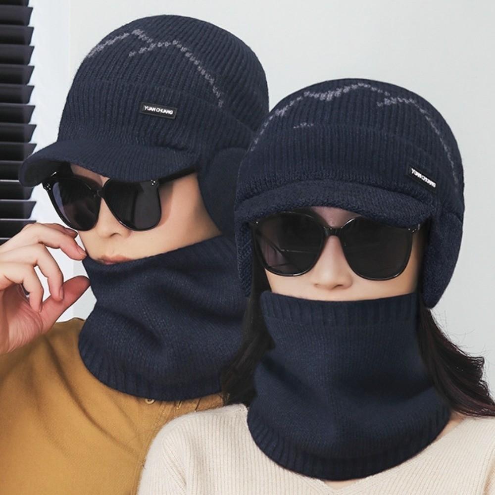 2Pcs Set Thicken Knitted Hat Neck Gaiter Windproof Winter Autumn Hat with Earflap Outdoor
