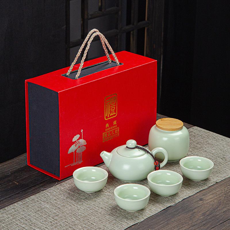 Tragetasche, Reise-Kung-Fu-Teeset, Keramik-Xishi-Kanne, eine Kanne, zwei Tassen, Vierteiliges Set, kreatives Geschenk-Souvenir