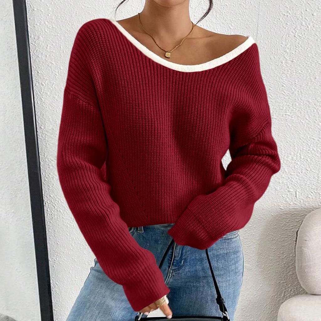 Women's Fall Winter Long Sleeve Round Neck Pullover Sweater with Back Knit Top