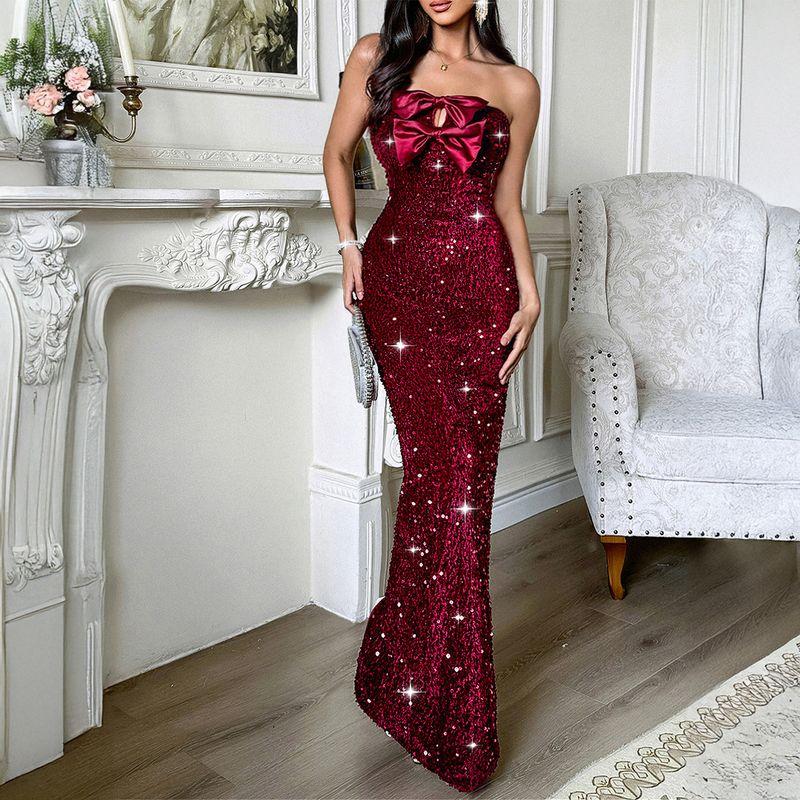 

European and American Foreign Trade Women clothes Autumn and Winter Amazon Independent Station Elegant Evening dress Tube Top Sexy Long dress Dress Wine Red XL