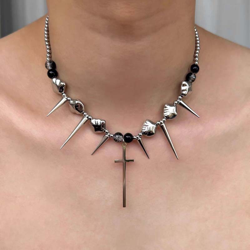 Retro Silver Color Rivet Cross Pendant Necklaces for Women Men Punk Hip Hop Long Spike Tassel Choker Necklaces Y2K Jewelry Gifts
