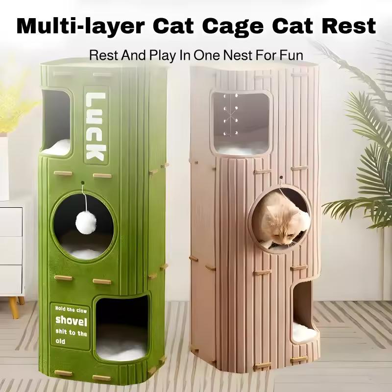 2-Tier Felt Cat House & Condo with Scratching Pad for Indoor Cats, Multi-Cat Families, Play & Sleep - High Demand Limited Stock