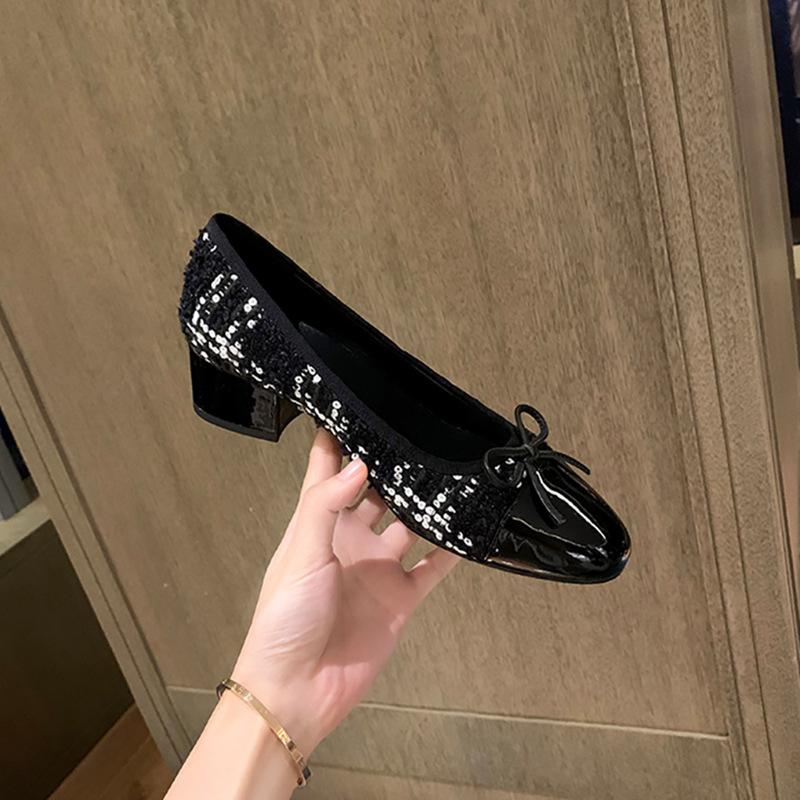 

2025 spring French tweed flat-soled single shoes bow color matching women s shoes light mouth thick heel shoes breathable increase 40