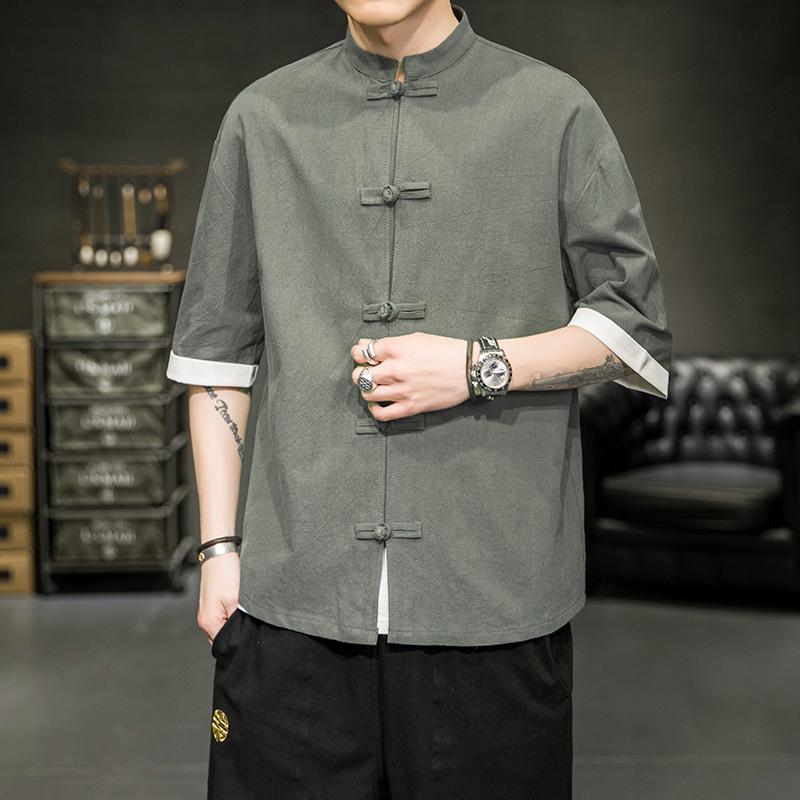Men’s Summer Ice Silk Chinese Buttoned Short-Sleeve Tang Suit Shirt, Cotton-Linen Hanfu Zhongshan Retro Style