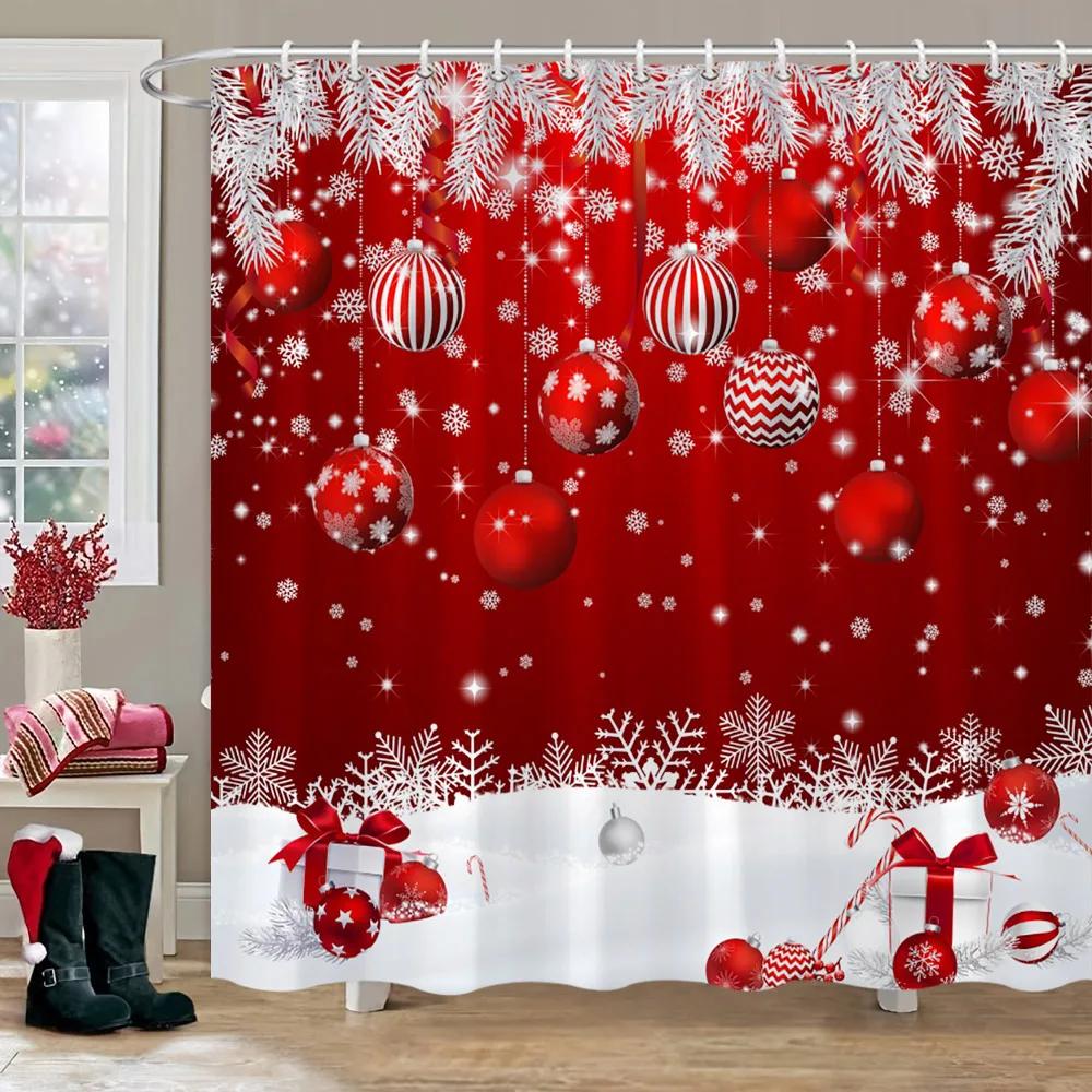 Christmas Theme Shower Curtain Winter Snow Christmas Tree Deer Rustic Wooden Panel Fabric Washable Shower Curtain Bathroom Decor