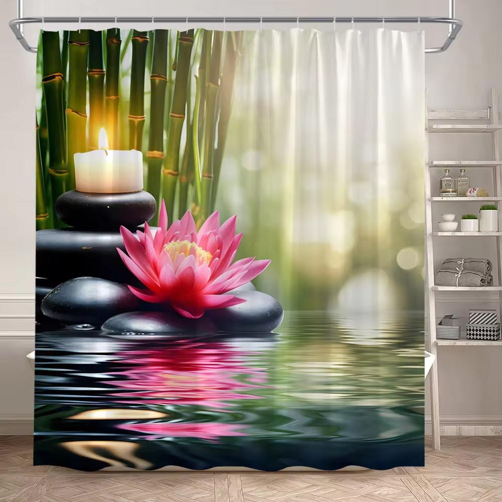 Zen Shower Curtain Natural Flowers Butterfly Grey Stone Reflection Spa Scenery Home Bathroom Decor Polyester Fabric Bath Curtain