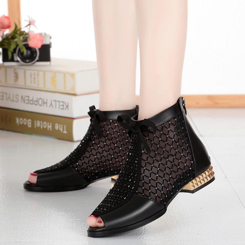 Fashion GKTINOO 2025 Spring Summer New Bow Genuine Leather Women Boots Hollow Mesh Ankle Boots Comfortable Low Heels Fashion Shoes