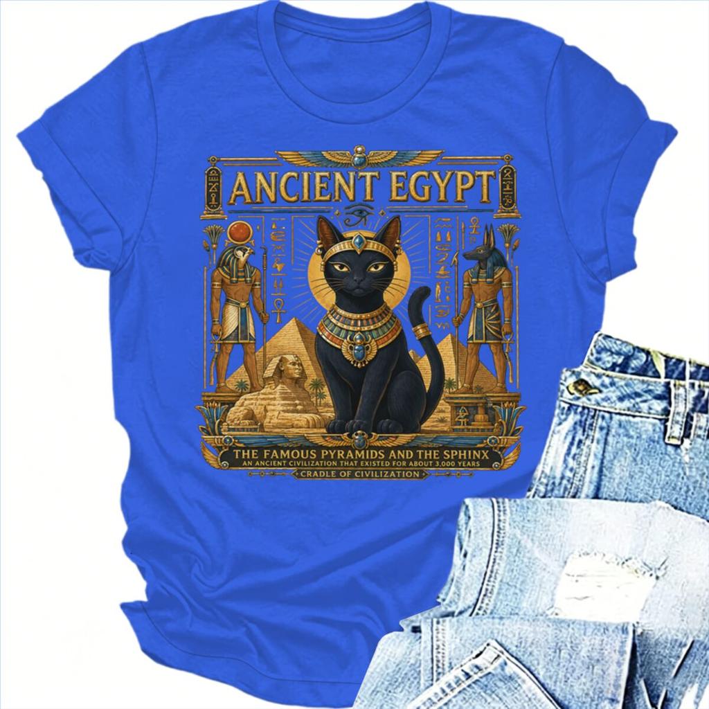 Ancient Egypt Sacred Black Cat Tshirts Unisex Unisex Vintage Myth Graphic Print Tops Short Sleeve Fashion Cat Lover Tshirts Gifts