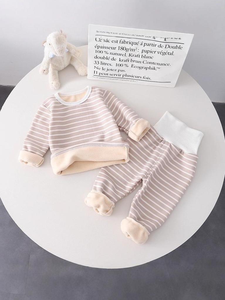 Children's Warm Striped High-Waist Underwear Set for Spring and Autumn - Plus Velvet for Babies, Toddlers, and Kids