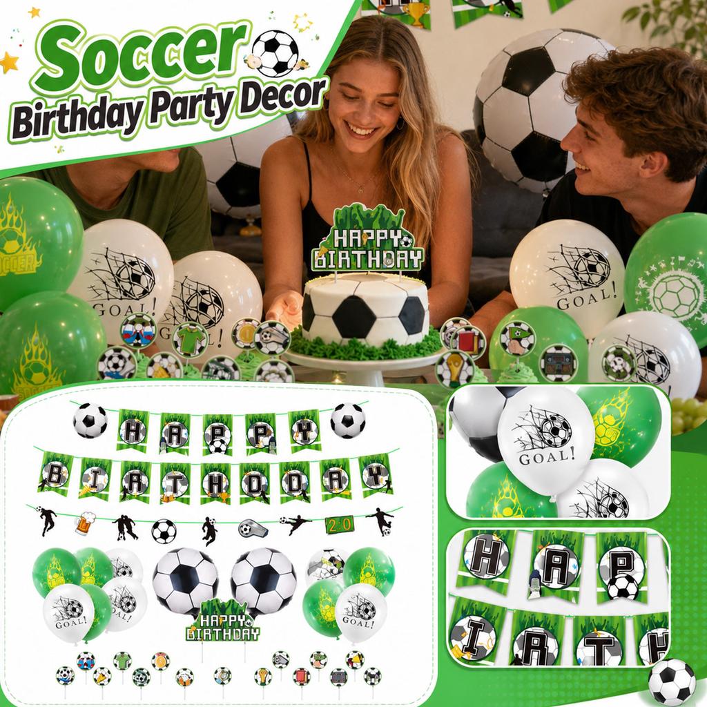Soccer Birthday Party Decoration Kit Soccer Themed Party Supplies Banner Balloons Cupcake Toppers for Kids Soccer Fan Celebration