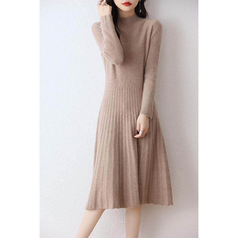 

Осень/Зима 100% Шерсть Высокий Воротник Приталенное Вязаное Платье с Юбкой-Зонтом 2XL (Suitable for 135-150 lbs)