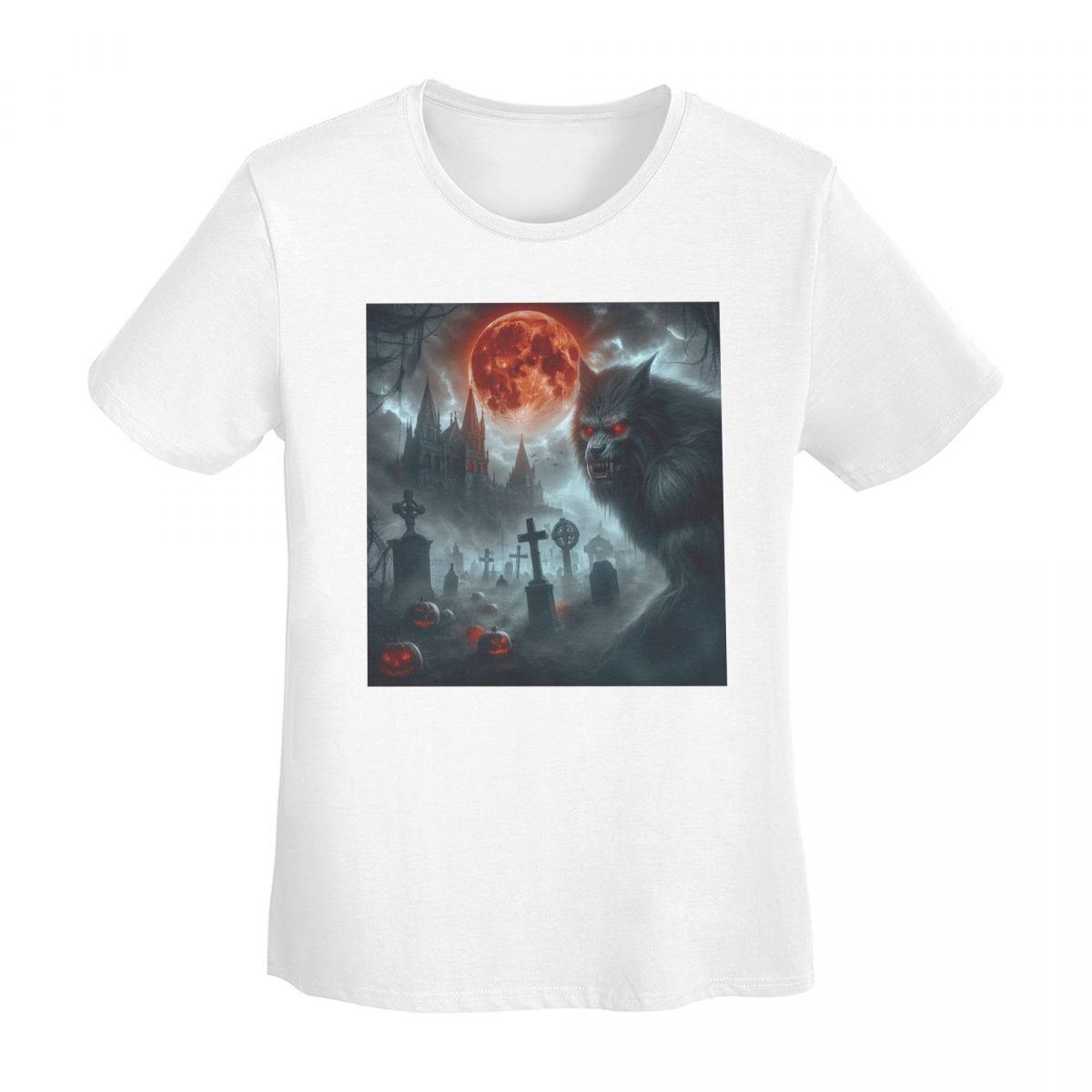 

Werewolf With Red Eyes And Red Moon Halloween Pumpkin TShirt Women Short Sleeve T Shirts Round Neck Clothing Tees Streetwear S