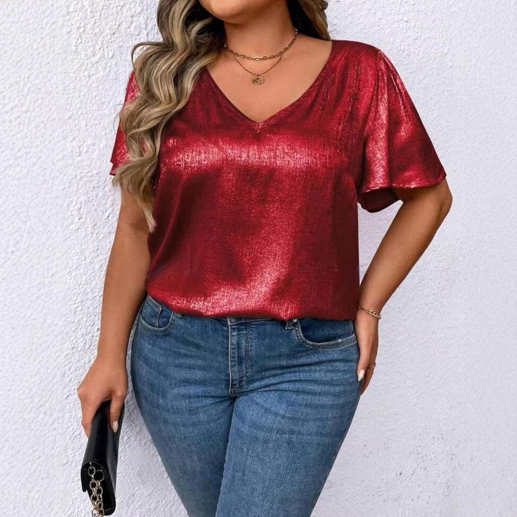 T-shirt Manches Courtes Uni Col en V Coupe Ample pour Femme Printemps/Été 2026