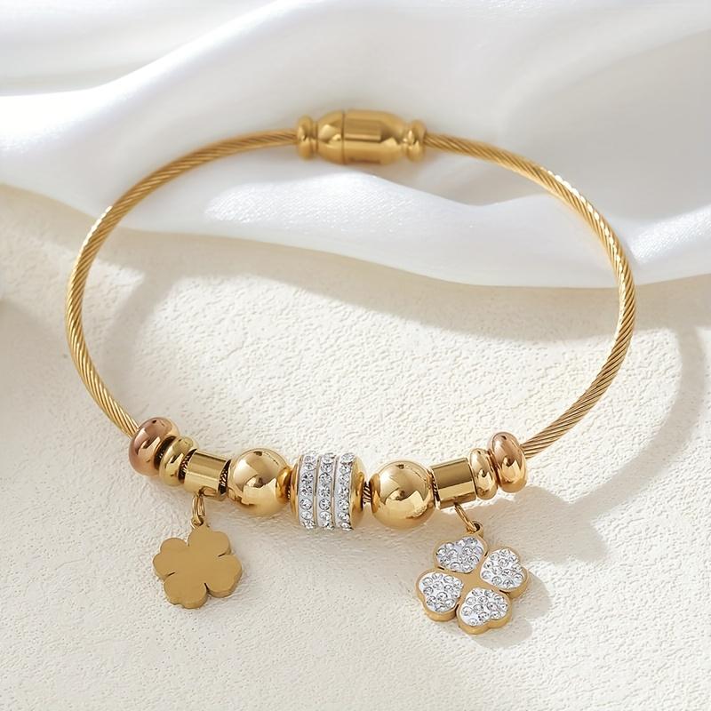Bracelet bracelet chanceux trèfle à quatre feuilles en acier inoxydable plaqué or 18 carats, orné de strass, bijoux porte-bonheur style bohème, adapté pour