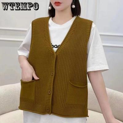 Women's Knitted Vest with Pocket Autumn and Winter New Sweater Korean Version V-neck Loose Vest Top
