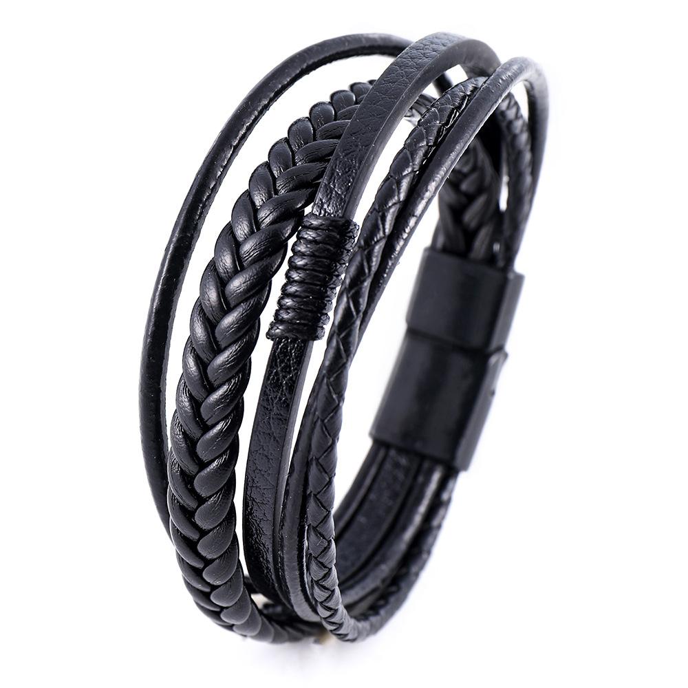 Black Multi Layers Leather Bracelet for Men,Metal Tube Charm Handmade Braided Rope Leather Bracelet,Gift for Husband Dad Son