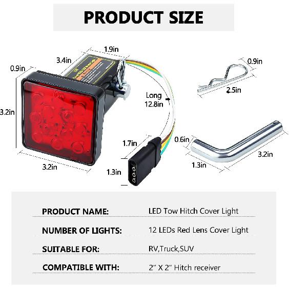 Cenipar Trailer Hitch Receiver Cover With 12 LEDs Red Brake Light With 2" Receiver For Towing Truck RV And SUV