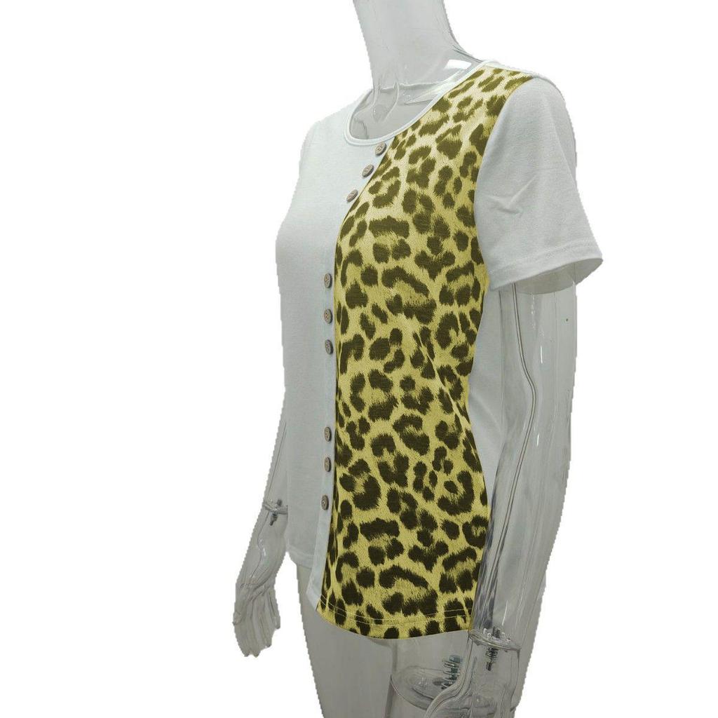 Leopard Print Round Neck Top: Elegant Short Sleeve T-shirt for Women, Casual Spring and Autumn Style 2025