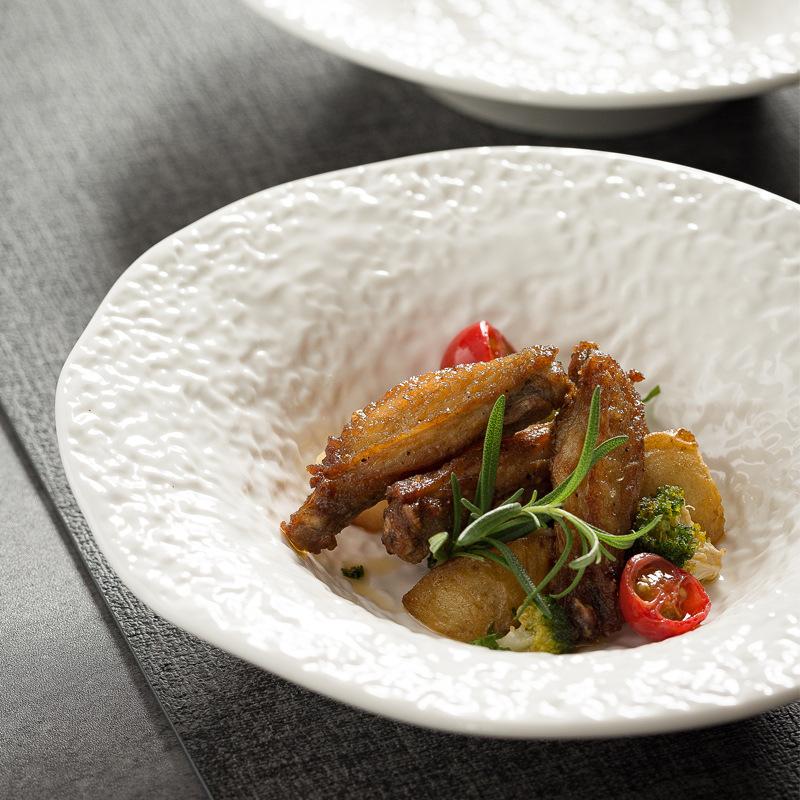 White Porcelain Deep Plate with Rock Pattern Restaurant Soup Bowl Ceramic Breakfast Tableware Salad Ramen Plate Kitchen Utensils