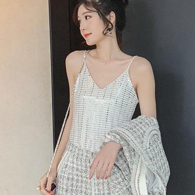 Spring/Summer  New Sexy V-neck Sequin Strap Tank Top with Loose Bottom Vest