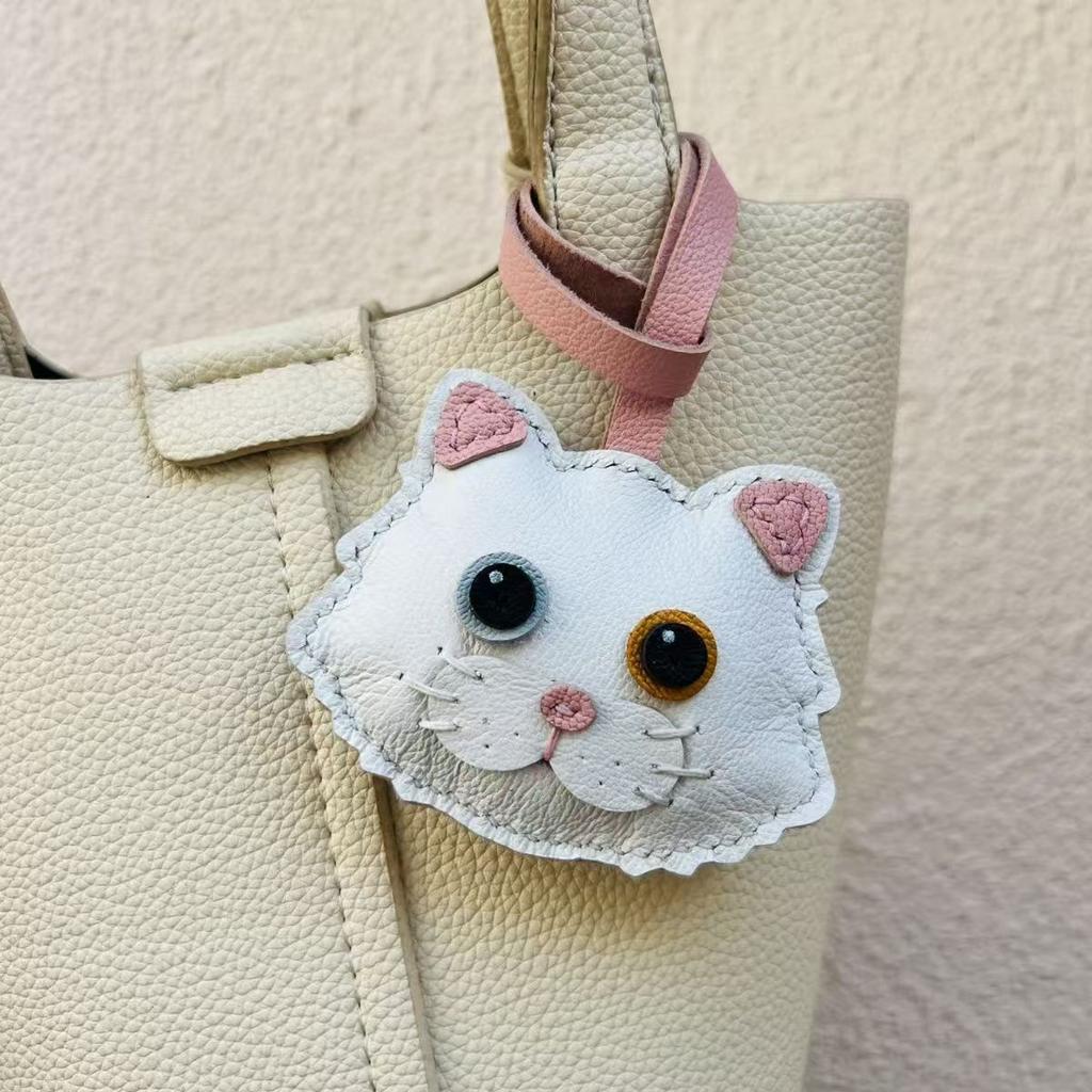 Handmade Genuine Leather Cat Keychain I Cute Kitty 3D Carved Keyring for Women/Men I Multi-Styles Animal Jewelry Gift