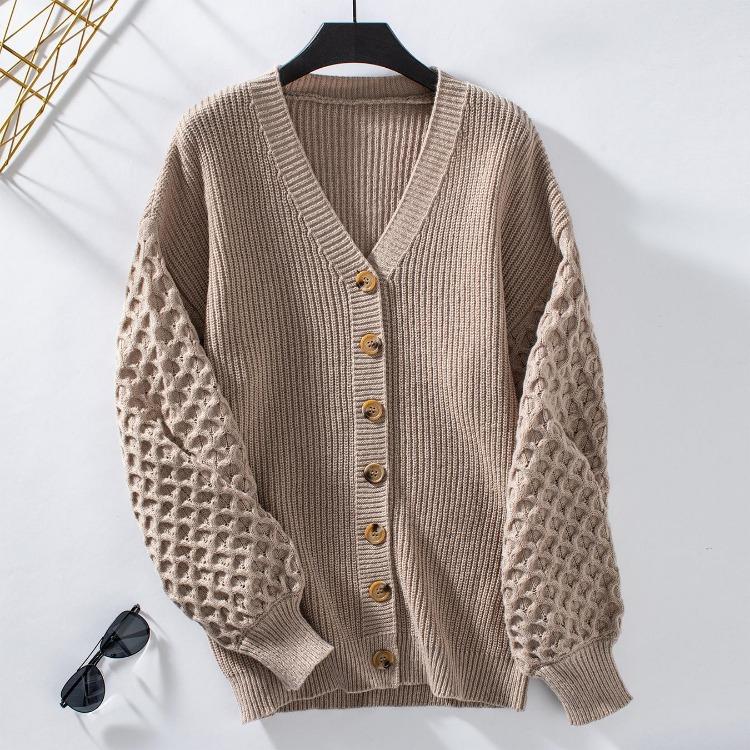 Vintage Solid Color V Neck Knitwear Cardigan Loose Long Sleeve Sweater Top for Autumn Winter