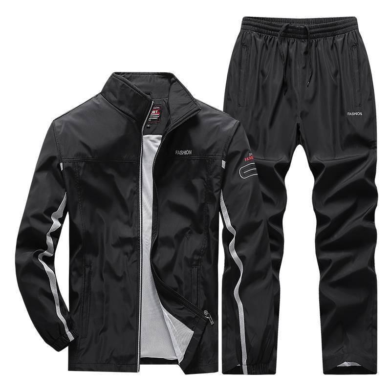 Men's Four Seasons Spring Autumn Plus Size Standing Collar Long Sleeve Jacket + Breathable Loose Trousers Outdoor Sports Jacket Two Piece Set