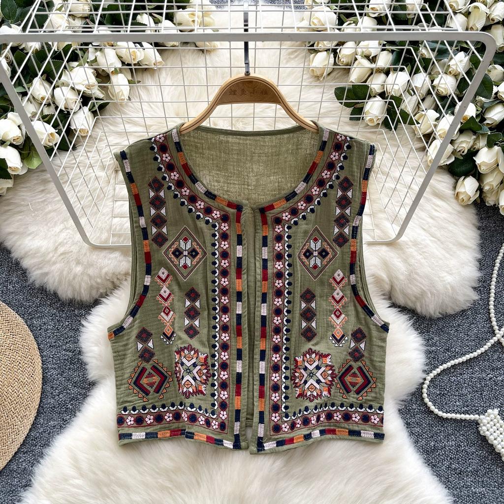 Gilet court à fleurs style national pour femme, gilet court brodé, col rond, sans manches, vêtement d'extérieur chic