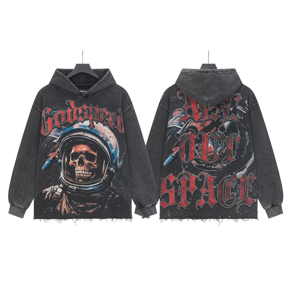 God Bless America Retro Rock Street Print Washed Hoodie - Casual Loose Fit