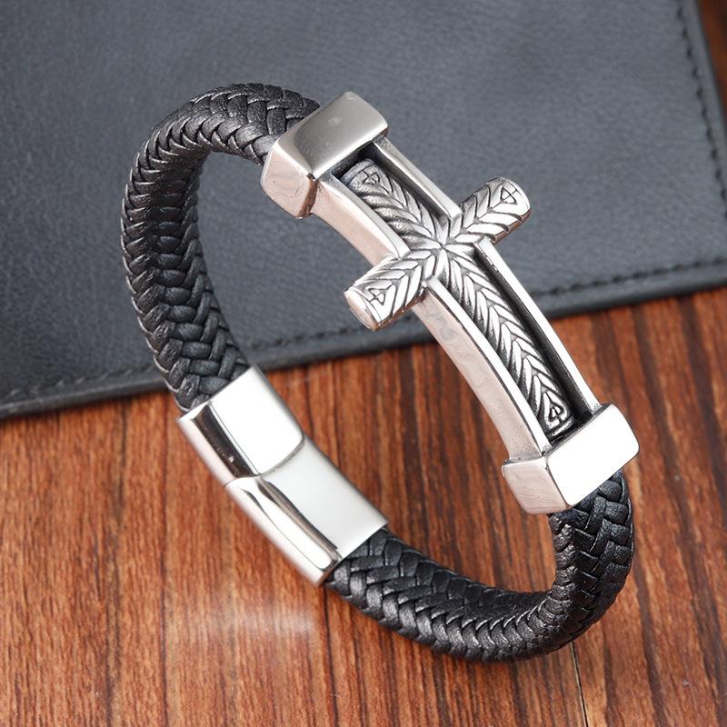 21CM Men Hand-woven Leather Rope Bracelet Black Hip Hop Vintage Chain Bracelet Male Stainless Steel Jewelry