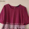 ZANZEA Women Casual Round Neck Short Sleeve Grid Print Patchwork Dress