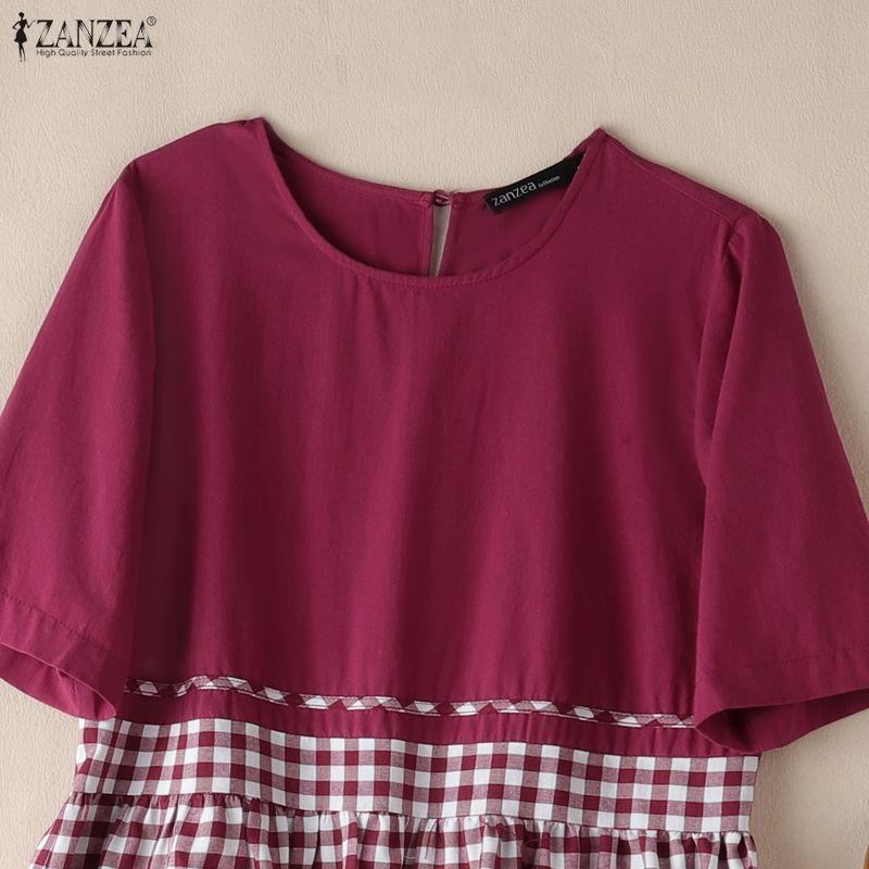 ZANZEA Women Casual Round Neck Short Sleeve Grid Print Patchwork Dress