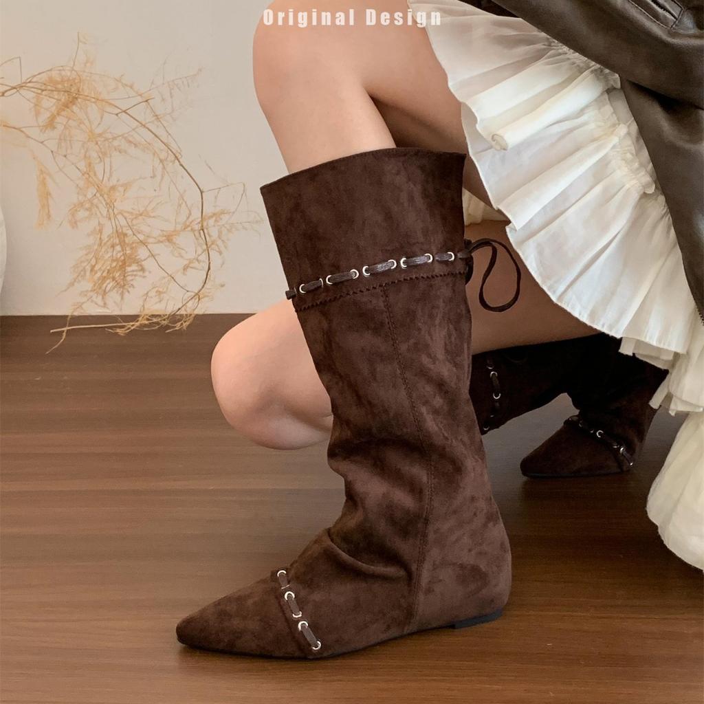 "Wasteland Spice Girls" Innenerhöhung Western-Cowboystiefel Damen Herbst und Winter Plüschstiefel Schnürstiefel Skinny Kniestiefel