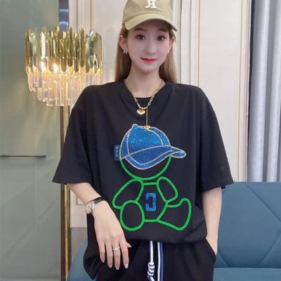 Camiseta de Manga Corta con Diamante de Hierro de Oso de Industria Pesada Delantera y Trasera para Verano de Mujer Nueva Suelta Talla Grande Top