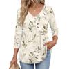 Womens 3/4 Sleeve V Neck Button Detail Floral Print Tunic Top Casual Loose Fit Lightweight Blouse